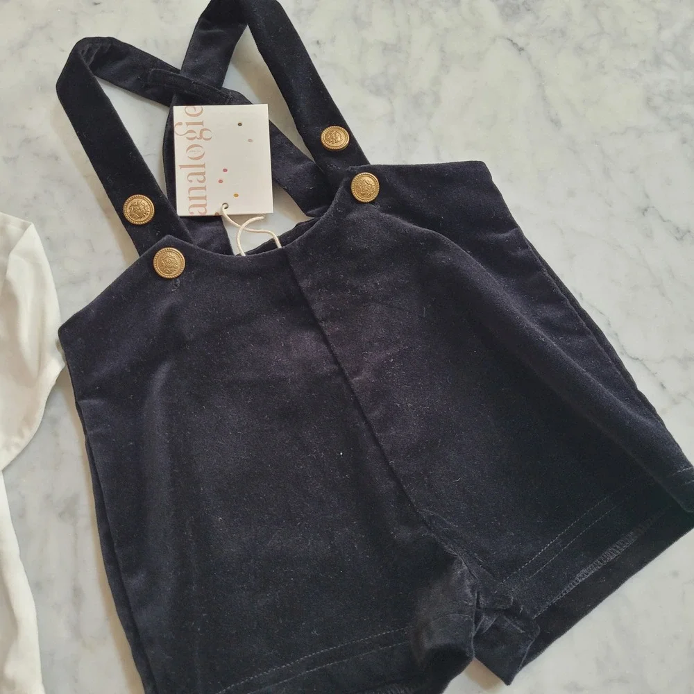 Analogie Kids Velvet Suspender Shorts & Peter Pan Bodysuit Set Black White 24M